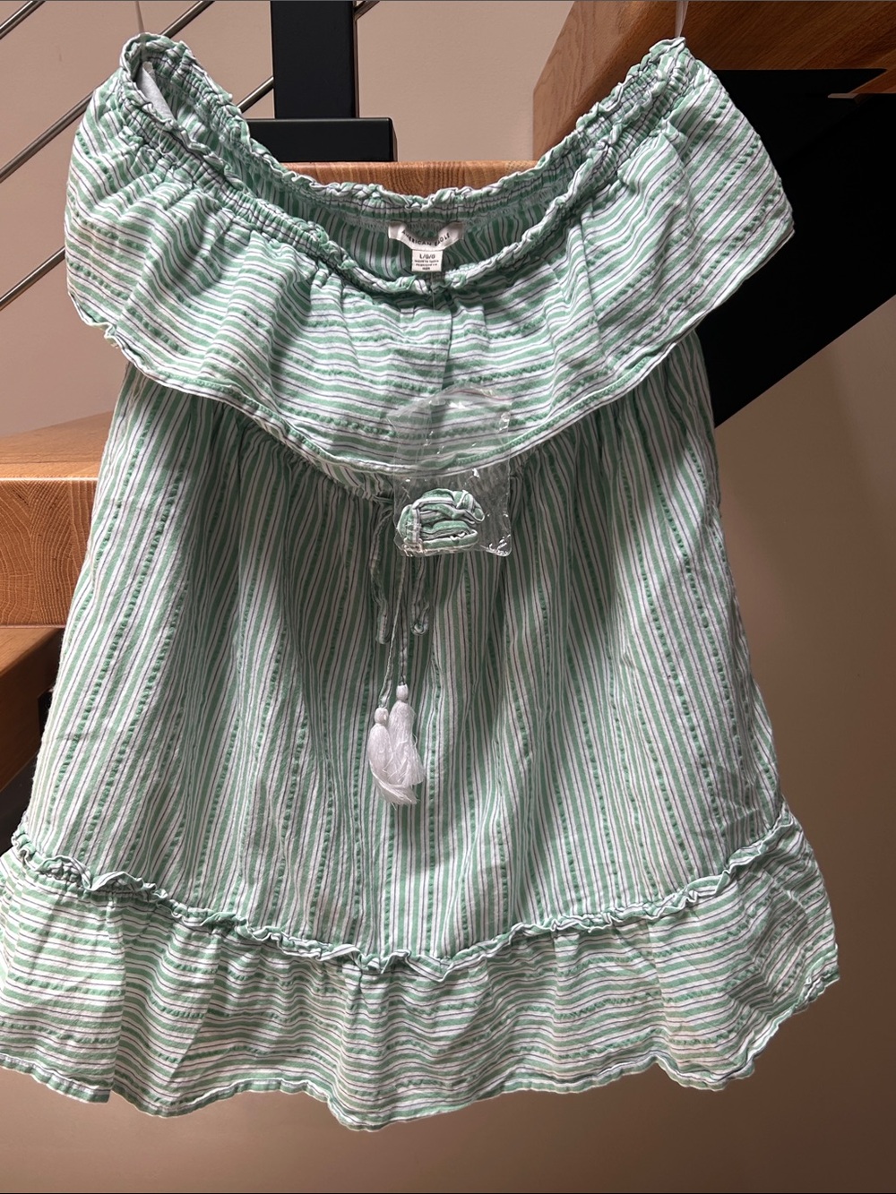American Eagle Outfitters Mint Green and White Striped Off-Shoulder Dress